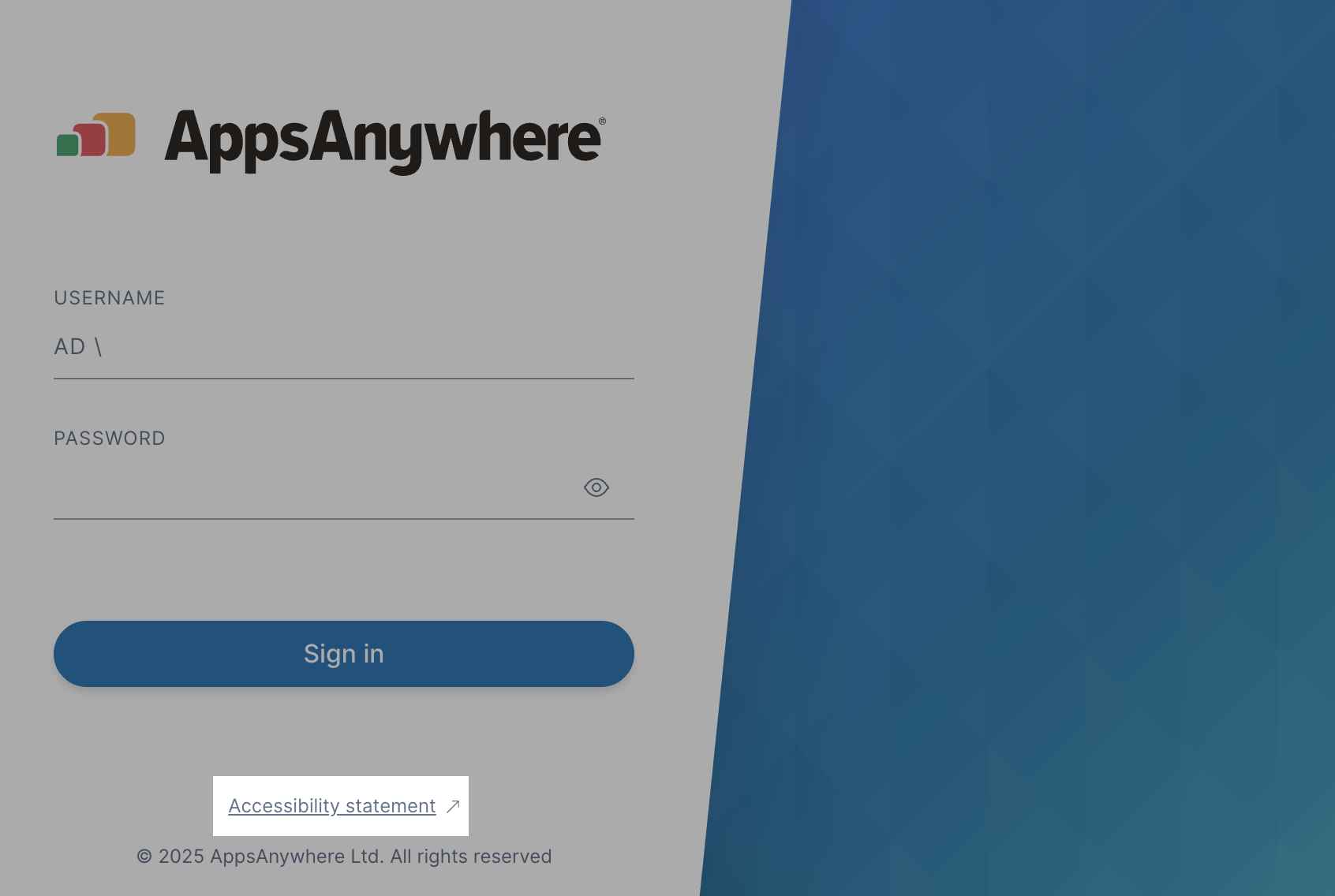 A screenshot showing the AppsAnywhere login screen, highlighting a quick link to an accessibility statement.
